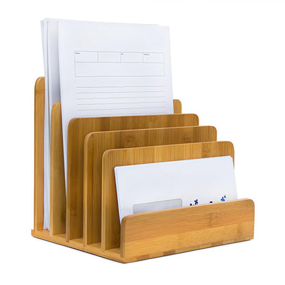 Klabelle Bamboo Mail Organizer - File Holder Sorter for Letter and Folder Document Storage, Envelope Organization with 5 Slots for Office Desk, Countertop, Home Bill