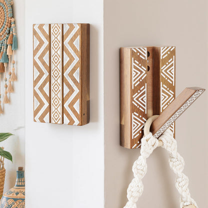 KYIAANY Boho Foldable Wall Hooks: Decorative Wooden Coat Hooks 2Pack Mounted for Heavy Duty Hanging Towels Backpack Bags Hats, Space Saving Home Decor for Aesthetic Homeowners