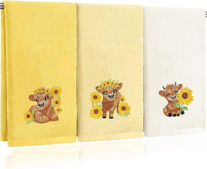 3 Pcs Sunflower Highland Cow Hand Towels Embroidered Highland Cow Farmhouse