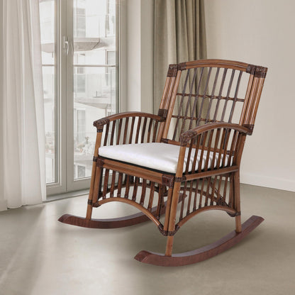 JONATHAN Y Swayze Mango Wood and Rattan Rocking Chair with Cushion, 39" H Bohemian Indoor Accent Armchair for Nursery or Living Room, Brown RCK200A