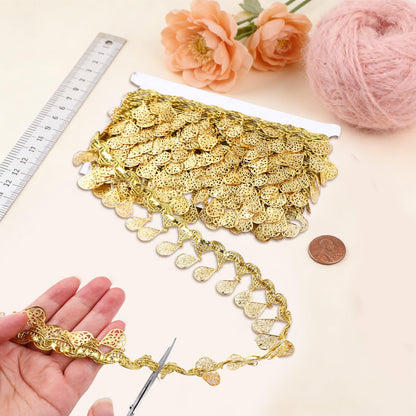 10 Yards Gold Water Droplet Shape Sequin Tassel Trim, 1.57 Inch Width Sequins Lace Tassel Fringe Trim, Sequins Lace Ribbon Fringe for Dance Dress Belt Costume Handbags Decorations Party Accessories