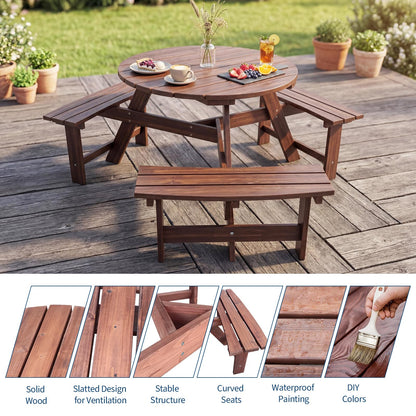 Garvee 6 Person Wooden Picnic Table, Outdoor Picnic Tables with 3 Built-in Benches, Circular Camping Dining Table and Chairs Set with Umbrella Hole for Garden, Patio, Backyard, Walnut Brown