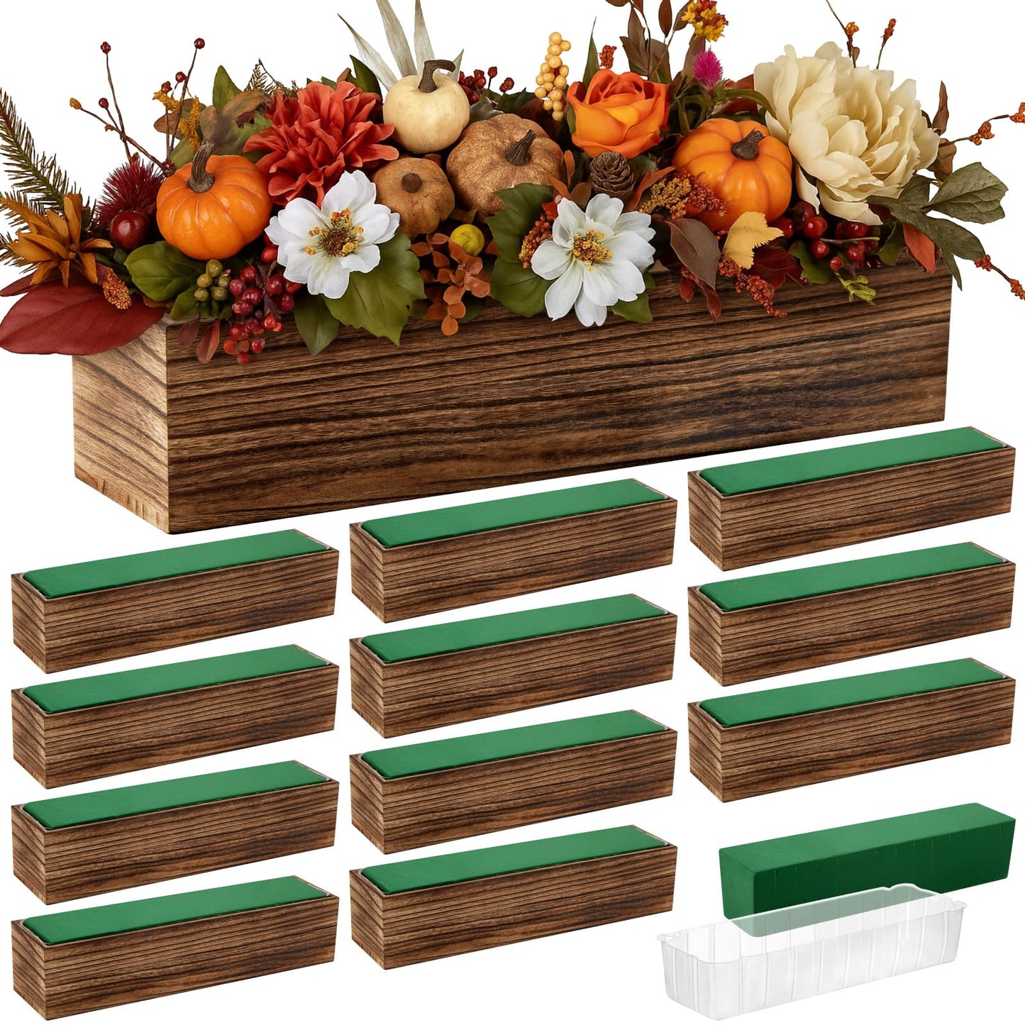 Dandat 12 Set Wood Boxes for Centerpieces 16x4 Inch Rectangle Wooden Planter Box Rustic Wood Planter with Removable Plastic Liner Floral Foam Blocks for Centerpieces Home Wedding Garden Decor