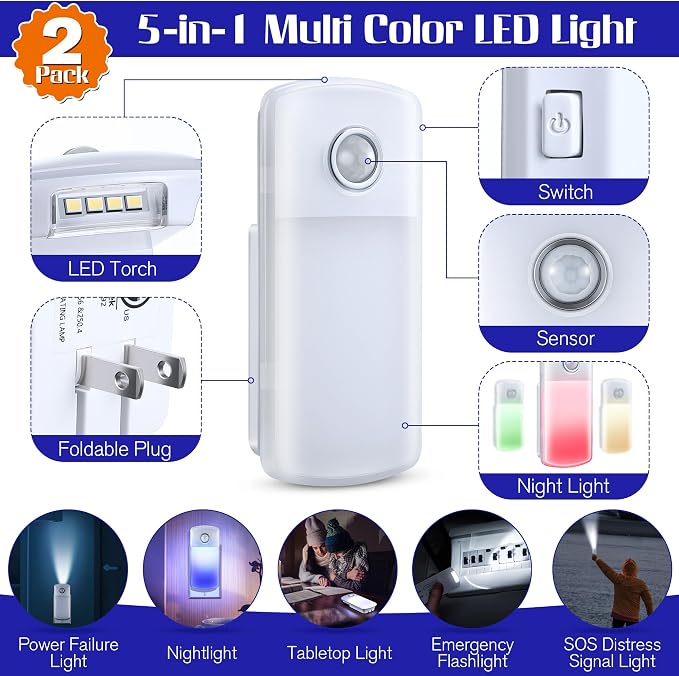 Enhon Emergency Power Failure Night Lights, 5-in-1 Multi Color LED Light, Rechargeable Flashlight with Foldable Plug, Automatic On Off Motion Sensor for Bedrooms, Hallways, Black Outs(2 Pack)