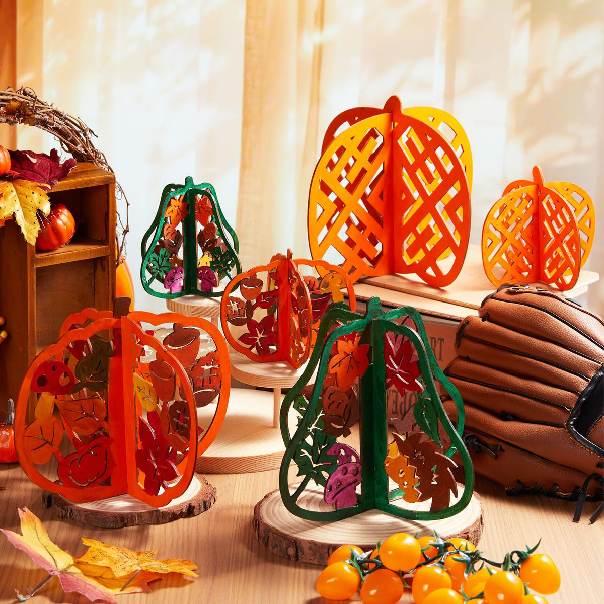 Geelin 60 Pcs Thanksgiving Fall Crafts Wooden Pumpkins 7.9 Inch Large 3D Wood Pumpkins Cutouts Unfinished Wood Slices to Paint Table Centerpieces Decorations for Harvest Craft DIY Tiered Tray Decor