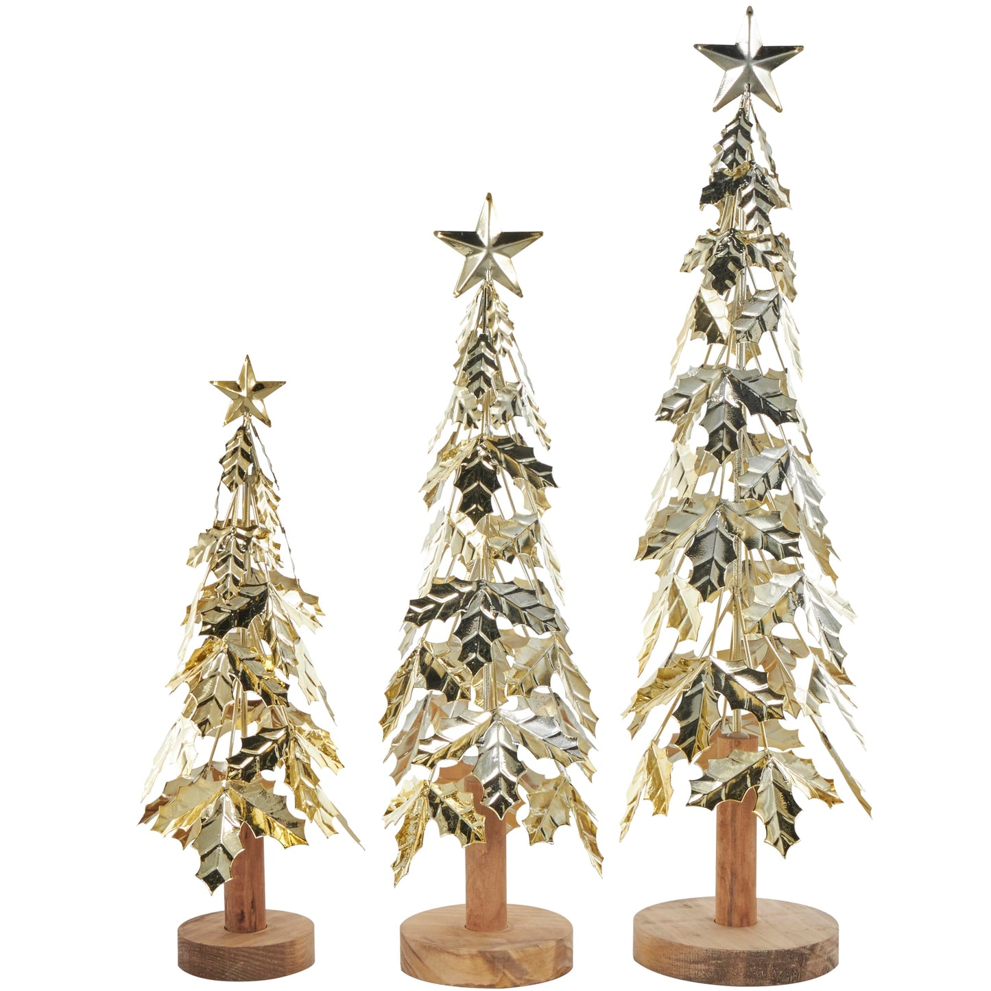 Deco 79 Metal Tree Decorative Sculpture Holiday Layered Holly Leaf Christmas Home Decor Statues with Wooden Base and Star Topper, Set of 3 Accent Figurines 22", 18", 14"H, Gold