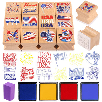 HOWAF USA Patriotic Wooden Rubber Stamps Set, 12pcs 4th of July Stamps Ink Pads for Independence Day DIY Crafts, 250 Years of Freedom Party Favors American Flag Inking Stamp Rubber Stamp