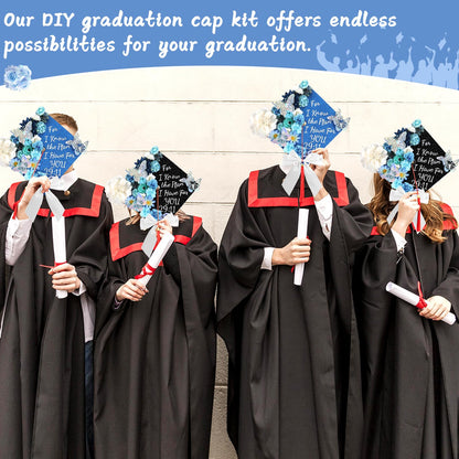 Naozinebi 55 Pcs Blue DIY Graduation Cap Decorations Faux Assorted Flowers blue Bows 3D Butterfly Stickers Glitter Alphabet Letter Number Decals for DIY Hat Grad Cap Topper Graduation Party Supplies