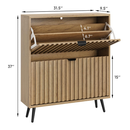 Smuxee Shoe Cabinet with 2 Flip Drawers, 31.5" Natural Hidden Shoe Storage Cabinet with Fluted Design, Freestanding Shoe Organizer Cabinet for Entryway, Hallway, Closet, Living Room