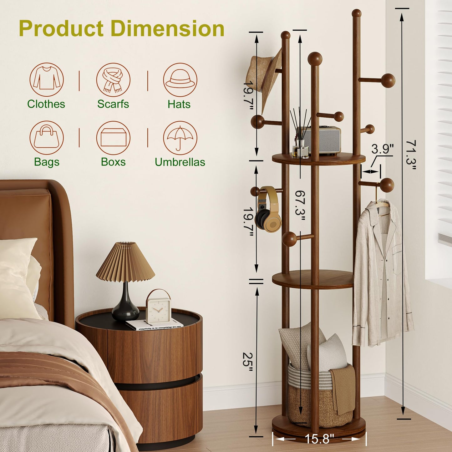 FROMJBEST Solid Wood Coat Rack Freestanding Rotating Clothes Rack with 9 Hooks & 3 Storage Shelves for Purse, Bag, Hat, Coat Hanger Stand for Entryway, Hallway, Office, Mid-Centry, Walnut