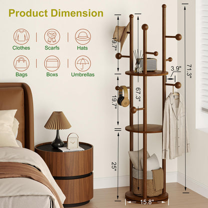 FROMJBEST Solid Wood Coat Rack Freestanding Rotating Clothes Rack with 9 Hooks & 3 Storage Shelves for Purse, Bag, Hat, Coat Hanger Stand for Entryway, Hallway, Office, Mid-Centry, Walnut