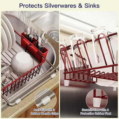 MAJALiS Red Dish Drying Rack Over The Sink with Utensil Holder | Expandable Stainless Steel Dish Drainer for Small Kitchen, Apartment, RV, Counter Space Saving, Perfect Fit, Rustproof