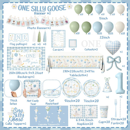 One Silly Goose Birthday Decor Boy, 270Pcs Blue Silly Goose First Birthday Decorations Kit include One Silly Goose Banner,Backdrop,Balloon Arch,Boxes,High Chair Banner,Bow Cupcake Toppers,Tableware