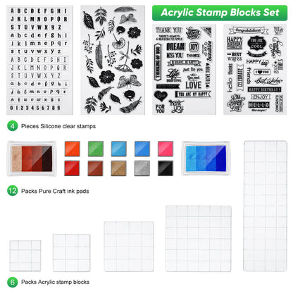 Zonon 22 Pieces Acrylic Stamp Blocks Tools Set Include 6 Clear Stamp Blocks, 4 Transparent Silicone Seals, 12 Craft Ink Pad for Scrapbooking Card Making