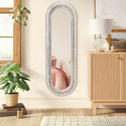 MWAZZLL Wall Mirror Full Length with Beaded Framed Oval Rustic Wood Mirrors Decrorative Large 47"x16" for Bedroom Bathroom Living Room Entryway Dressing Room White