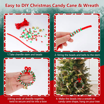 YBB 1780 Pcs Christmas Tri-Shaped Beads Ornament Kit with 30 Golden Bells 50 Chenille Stems and 10m Red Ribbon for Christmas Tree Candy Cane Wreath DIY Hanging Decoration