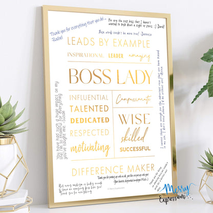 Merry Expressions Boss Lady Desk and Wall Art with Metal Frame - Office Décor, Boss Lady Gift with Quote - Gold 12" x 9"