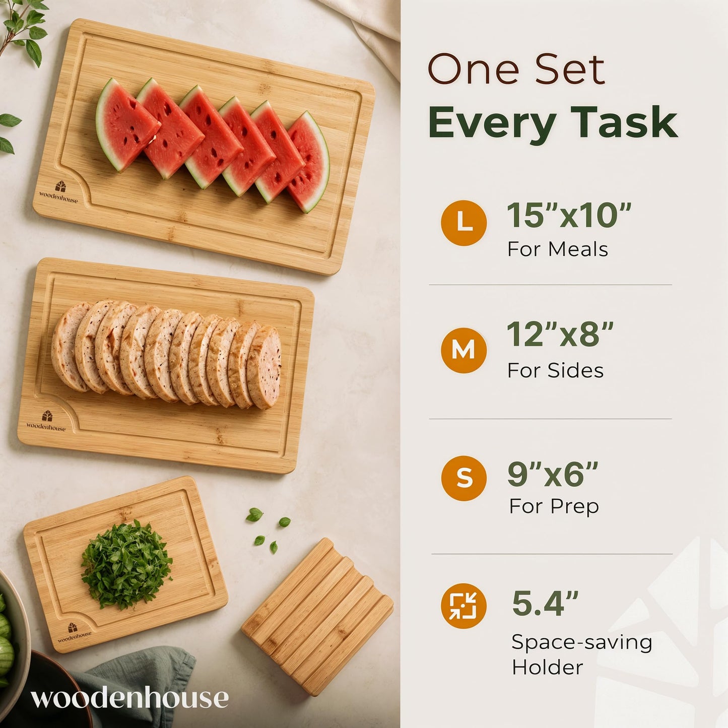 Bamboo Cutting Board Set of 3 - Thick & Durable Wood Cutting Boards with Deep Juice Grooves & Build-in Handles, Large Surface, Easy to Clean – for Meat, Vegetables and Fruits (Set of 3 with Holder)
