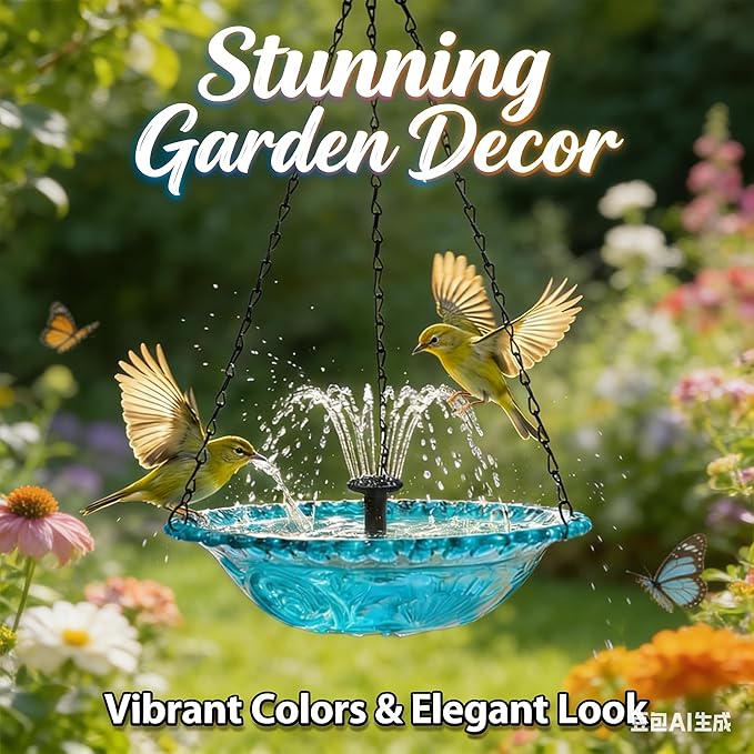 Hanging Solar Bird Bath Fountain with Water Pump, Plastic Basin, 4 Nozzles, Sturdy Metal Chains, Outdoor Garden Decor (Cannot Spray Water, Blue)