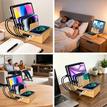 Xunhonom 6 Port USB Charging Station for Multiple Devices PD 100W Bamboo Charging Station Organzier with Detachable 15W 3 in 1 Wireless Charger Station for iPhone Android Apple Watch AirPod Tablet