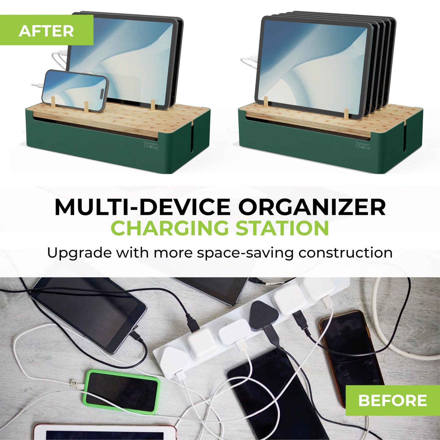 Prosumer's Choice Natural Bamboo Charging Station Rack for Smartphones and Tablets (Metal & Bamboo, Green)