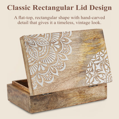 Ajuny Wooden Handmade Decorative Jewelry Storage Box Corner Flower Design Multipurpose Treasure Chest Keepsake Organizer Necklaces Bracelet Watch Boxes Gifts 8x5 Inch