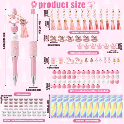 COcnny Christmas Nutcracker Beadable Pens - 12 Set Pink DIY Ballpoint Pen Making Kit with Bead Craft for Kids, Winter Beaded Pen Bulk Charm Tassel Supplies for Xmas Party Women School Students Gift