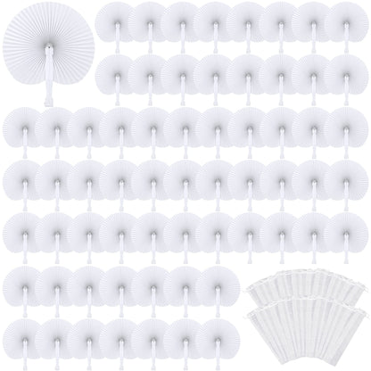 MCEAST 100 Pack Wedding Paper Fans Handheld Folding Fan White Round Shaped Folding Paper Fans Handheld Fan with Plastic Handle and Bags for Wedding Birthday Party Favors Supplies Home Decor