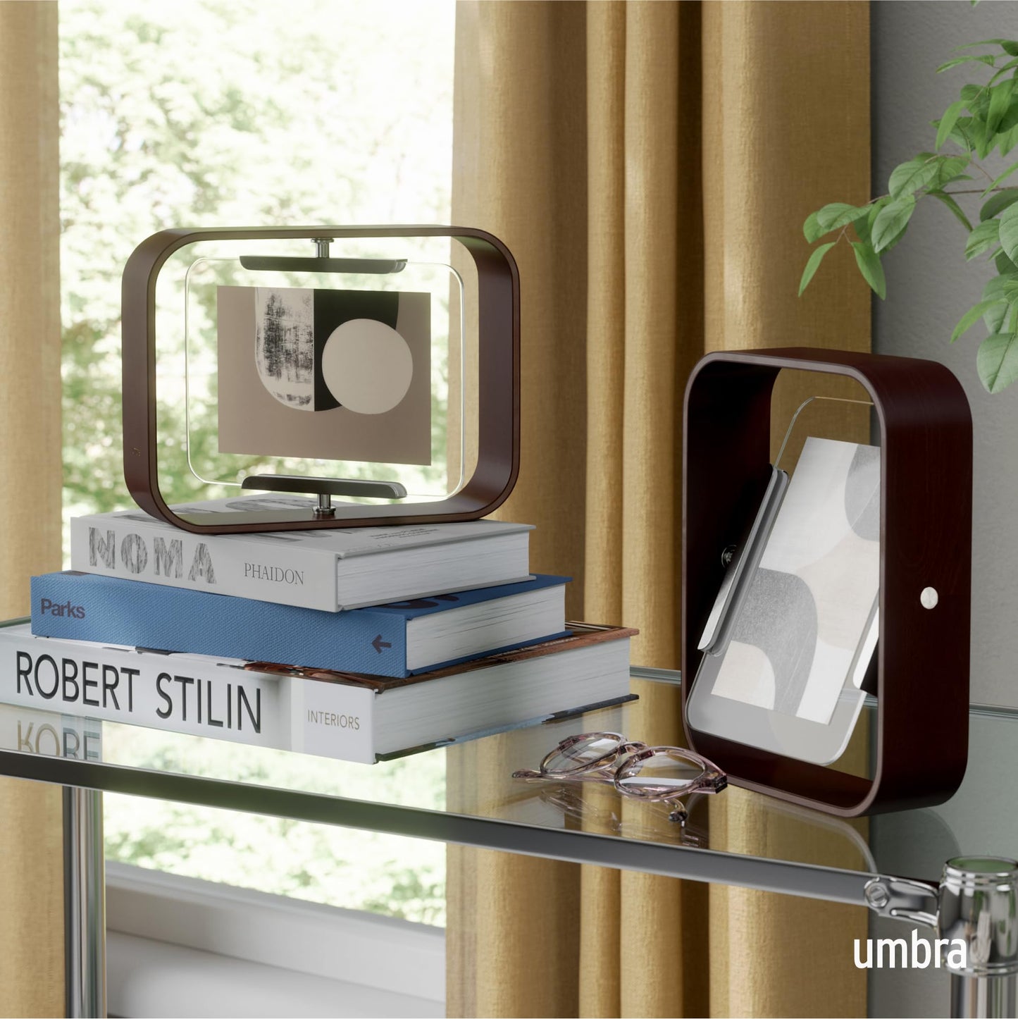 Umbra Bellwood 4x6 Desk Picture Frame – Double Sided Rotating Wooden Photo Frame with 360-Degree Pivot, Tabletop Display for Portrait or Landscape Photos – Aged Walnut