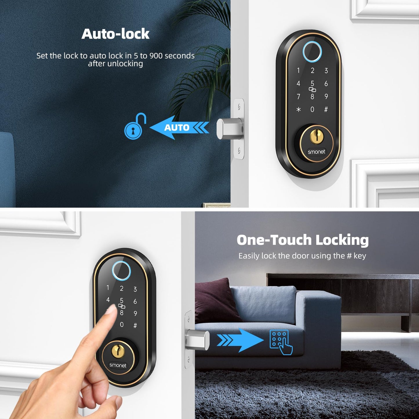 Smart Keyless Entry Door Lock - Fingerprint Electronic Deadbolt Touchscreen Keypad SMONET Biometric Digital Bluetooth Door Lock Smart Deadbolt Compatible with Alexa for Homes and Hotel