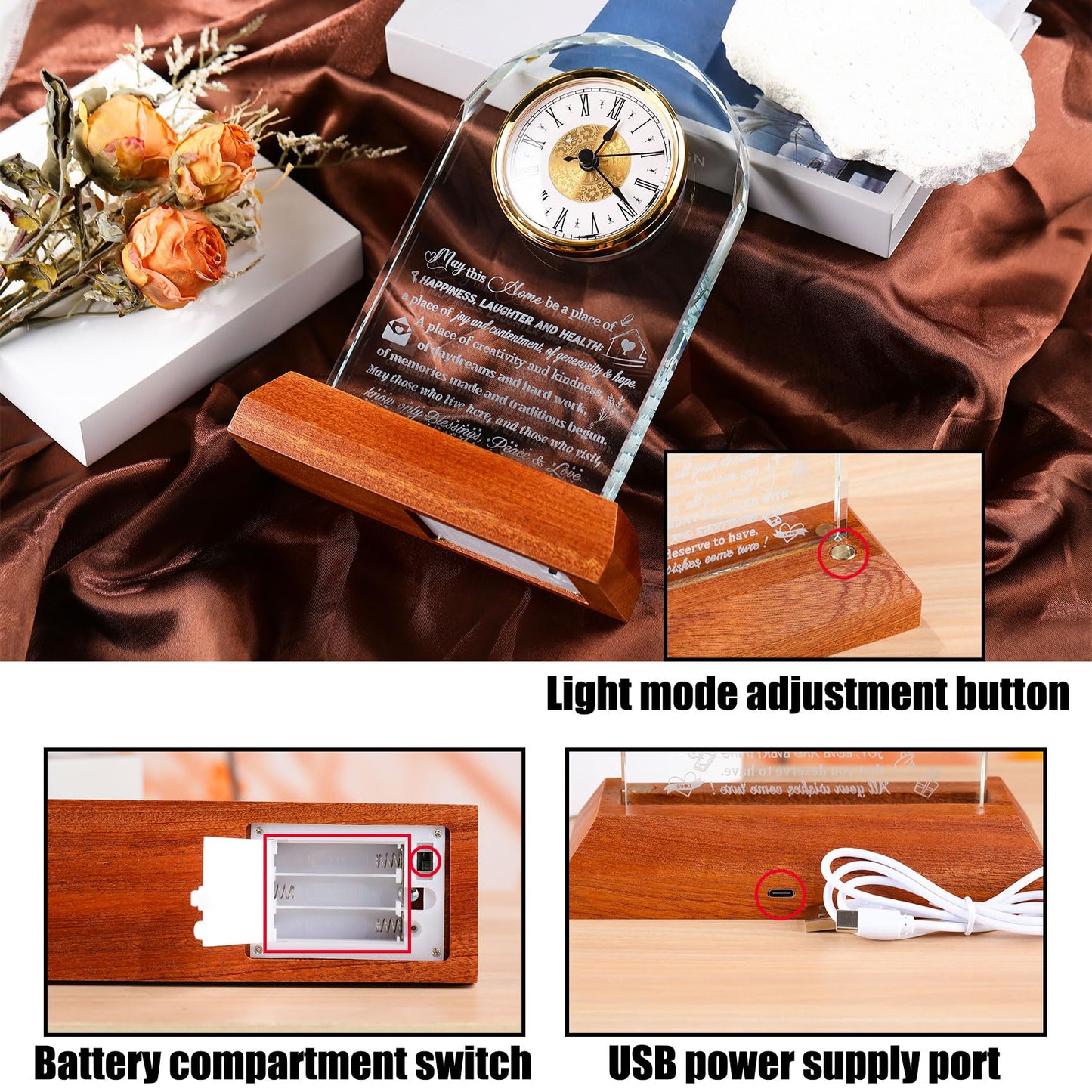 Arikyrist House Warming Gifts Glass Clock with Wooden LED Light Base Unique New Home Gift Ideas for Friends Couples Family Perfect Decor for Kitchen Home Tabletop