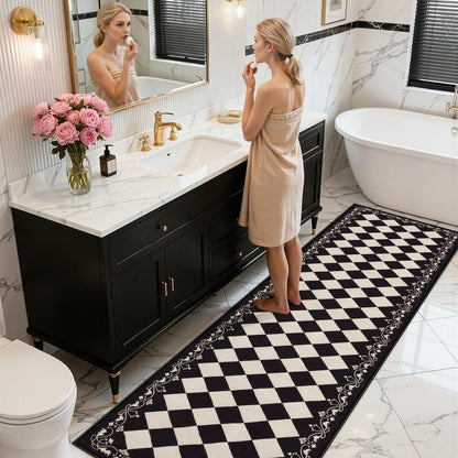 Zealude Moroccan Trellis Black and White Runner Rug 2.5x8 Washable Carpet Runners for Hallway 8ft, Soft Low Pile Checkered Bathroom Rug Gingham Print Kitchen Mordern Plaid Carpet for Bedsides Laundry