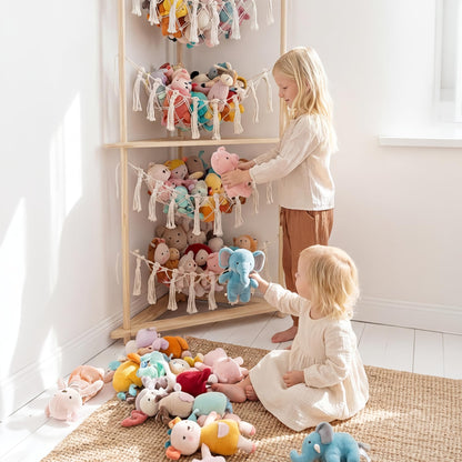 YKBU Wooden Corner Stuffed Animal Storage Organizer, 4-Tier Boho Macrame Toy Hammock Display Shelf, Free-Standing Open-Access Teddy Bear Zoo Holder for Nursery, Playroom & Kids Bedroom