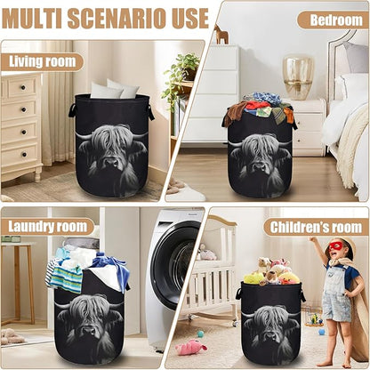 Highland Cow Laundry Basket, Foldable Waterproof Black Laundry Hamper Tote Bag