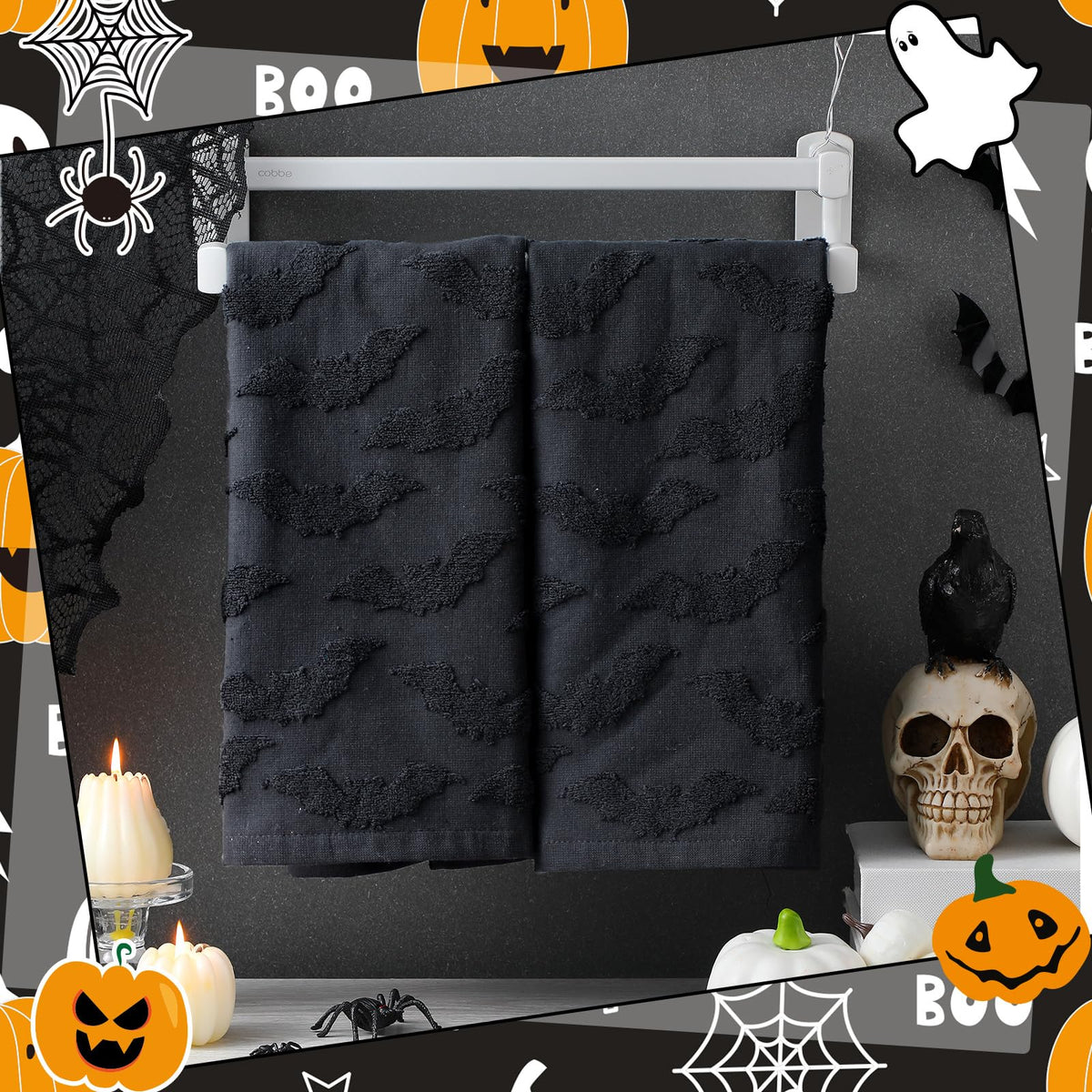 SmoothNovelty 2 Pcs Hand Towels for Bathroom Halloween Hand Towels 100% Cotton Absorbent Decorative Jacquard Weave for Halloween Bath Kitchen Decor Gift, 13.8 x 29.5 Inch(Black,Bat)