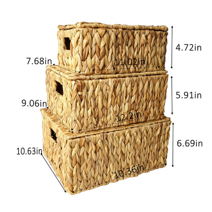 Wicker Storage Baskets With Lid,Set of 3 Rectangular Rattan Basket Decorative Boxes with Handles,Large Storage Box Hyacinth Wicker Baskets For Shelf Organizer, Nursery Room,Bathroom,Living Room