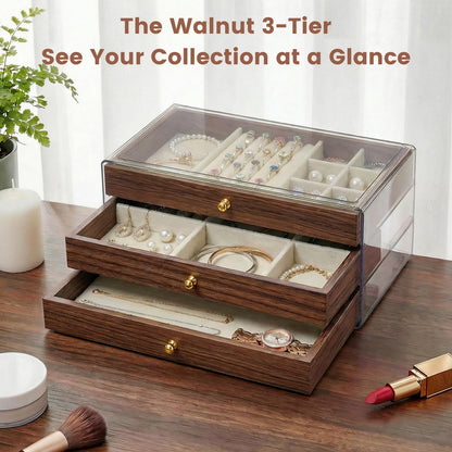 Simple Supplies Wooden Jewelry Box for Women, 3-Layer Jewelry Organizers and Storage with 3 Drawers & Velvet Trays, Large Earring Holder, Necklace Ring Travel Case, Gift Box for Drawer, Wood