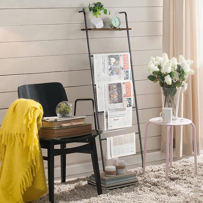Vrisa Blanket Ladder Wall Leaning Blanket Rack Farmhouse 5-Tier Metal Blanket Holder with Shelf Bath Towel Storage for Bathroom Quilt Bedroom Living Room Pool Black