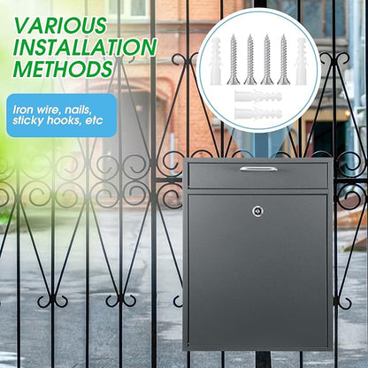 Yaocom Locking Mailbox with Key for Outdoor 18 x 15 x 7 Inches Large Wall Mount Mail Box with Lock Security Mail Drop Metal Collection Boxes Hanging Secure Postbox(Dark Gray)