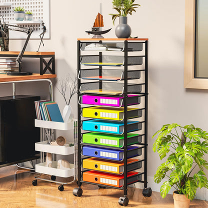 Simple Trending 12 Tier Rolling File Cart,Wood Desk File Organizer with Sliding Trays and Wetal Mesh Paper Letter Storage Multi-Functional Rolling Clutter Cart for Office, Home, School, Black