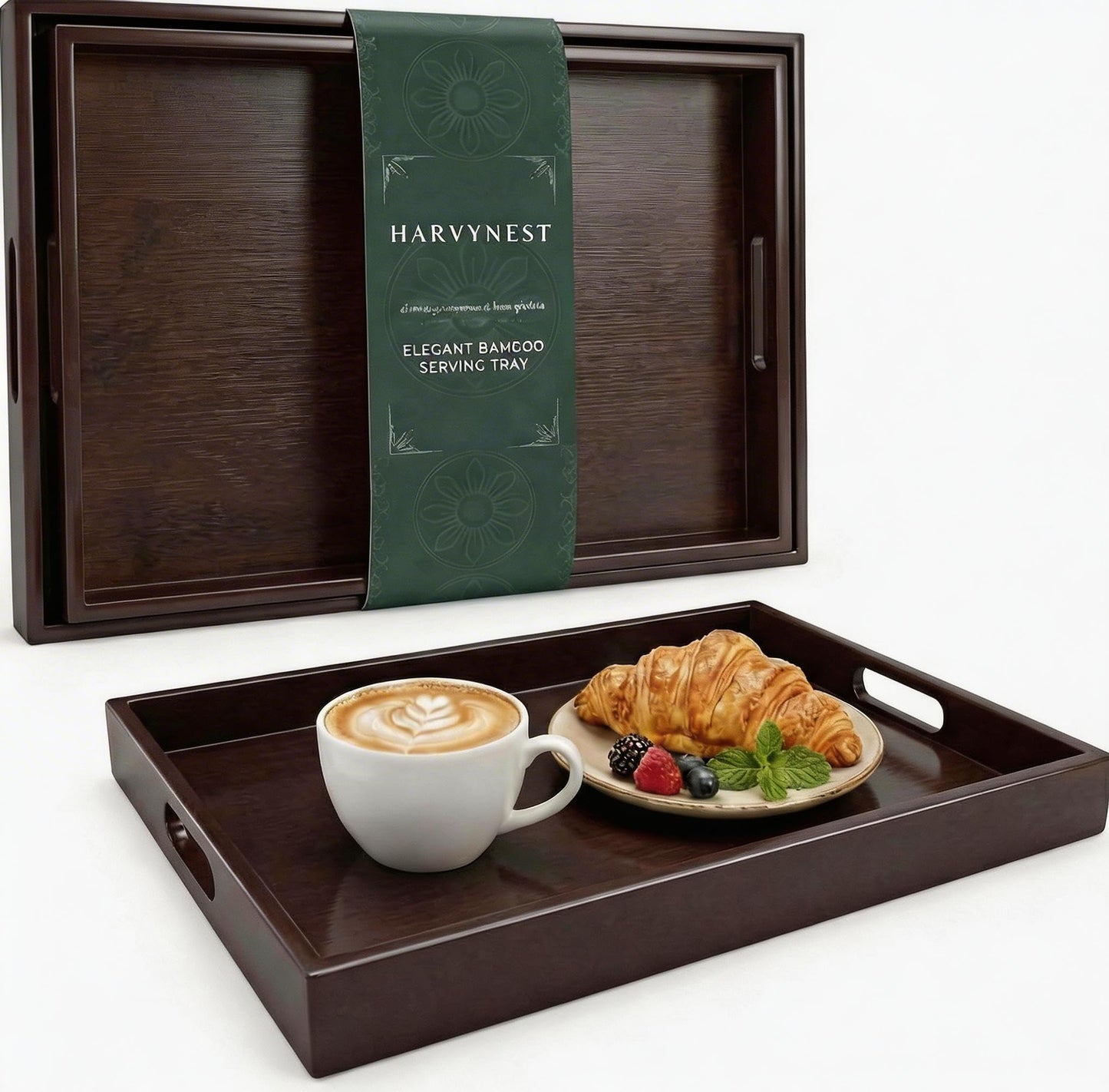 Dark Brown Bamboo Serving Tray Set of 2 with Handles, Nesting Wooden Trays for Serving Food & Drinks, Rectangular Coffee Table Ottoman Tray for Living Room Decor, Large 16.9” & Small 15.6”