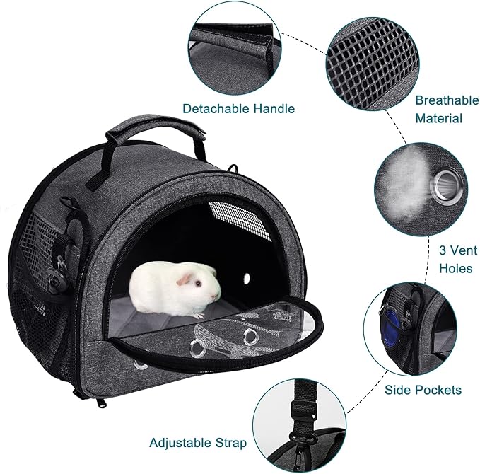 Guinea Pig Carrier, Small Pet Hamster Carrier Bag, Rabbit Bunny Travel Carrier Outdoor Handbag, Breathable Carrier for Small Animals with Water Bottle Holder & Removable Liner (Grey)