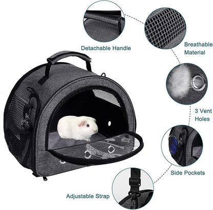 Guinea Pig Carrier, Small Pet Hamster Carrier Bag, Rabbit Bunny Travel Carrier Outdoor Handbag, Breathable Carrier for Small Animals with Water Bottle Holder & Removable Liner (Grey)