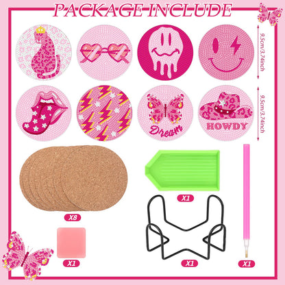 Shellwei 8 Pcs Pink Preppy Diamond Painting Art Coasters with Holder Y2k Smile Face Butterfly Diamond Art Coaster Kit DIY Craft Gift for Adults Beginners