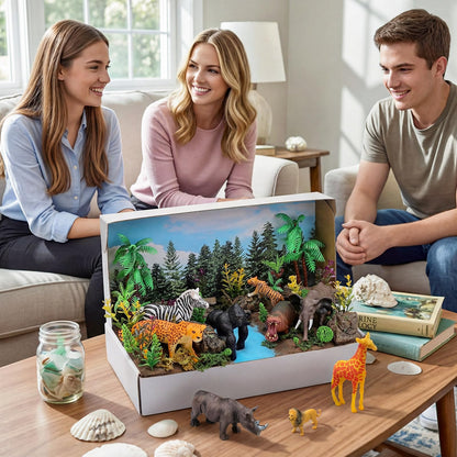 Teyva Daily 48 Pcs Jungle Diorama Kit Habitat Project Box Set Jungles Grassland Diorama Supplies Include Woodland Animal Figures Artificial Trees Fake Rocks with Gift for DIY Crafts Birthday Gifts