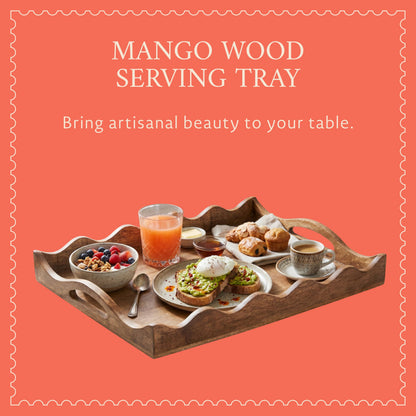 Mela Artisans 16” x 12” x 2.5” Mango Wood Serving Tray with Handles – Ottoman Scalloped White Burnt – Large Handcrafted Wooden Serving Board for Breakfast, Coffee & Home Décor