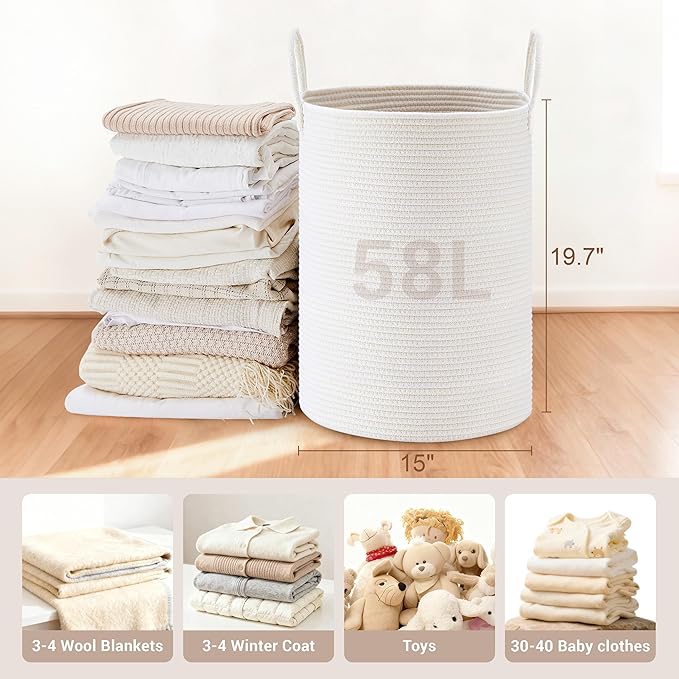 Tall Laundry Basket with Handles, 58L Portable Dirty Clothes Hamper, Boho