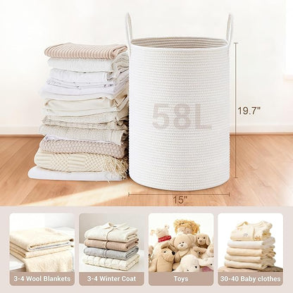 Tall Laundry Basket with Handles, 58L Portable Dirty Clothes Hamper, Boho