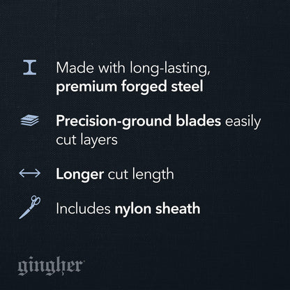 Gingher 8" Serrated Dressmaker's Fabric Scissors with Protective Sheath, Stainless Steel Shears that Grips Fabric, Sharp Knife Edge Fabric Scissors, Chrome Plated Nickel Finish