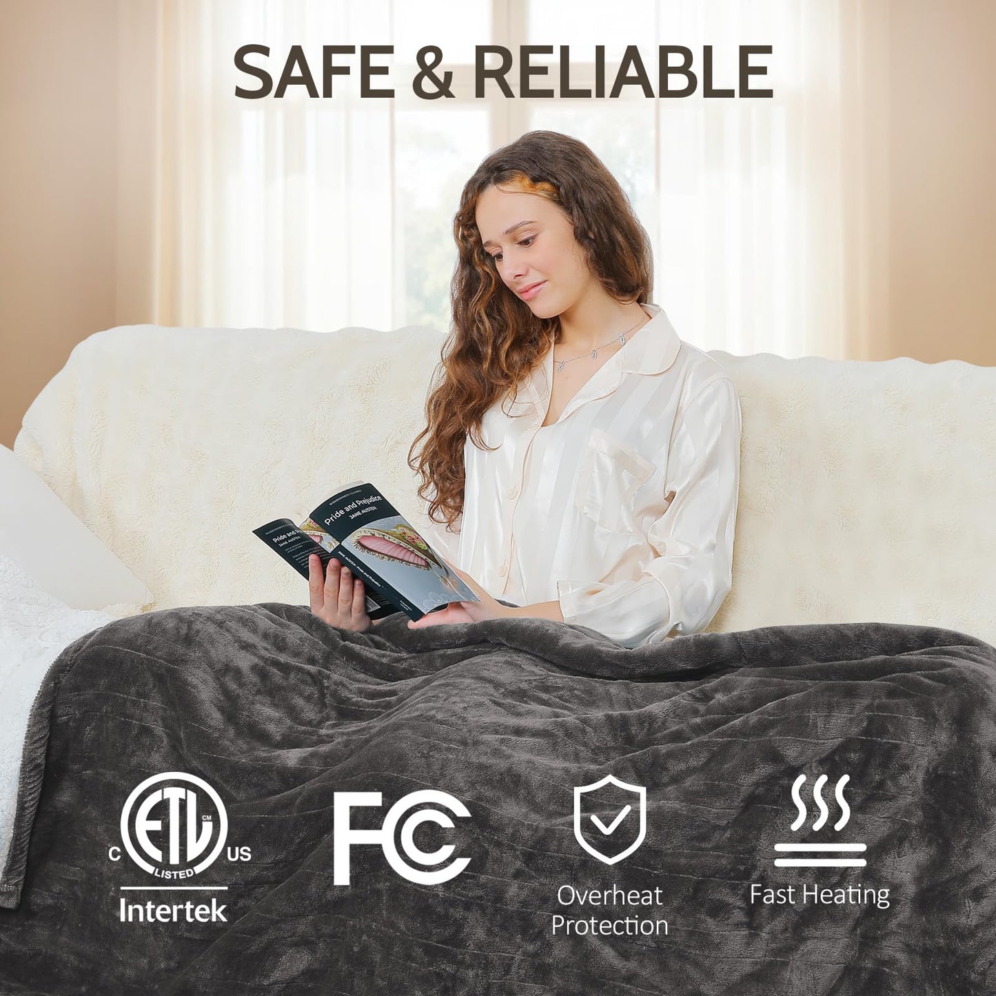 HOW'S MY HOUSE Heated Blanket Throw 50" x 60", Electric Blanket with 12 Time Settings & 6 Heating Levels, Over-Heat Protection, Flannel Sherpa Super Cozy with ETL Certification, Gray